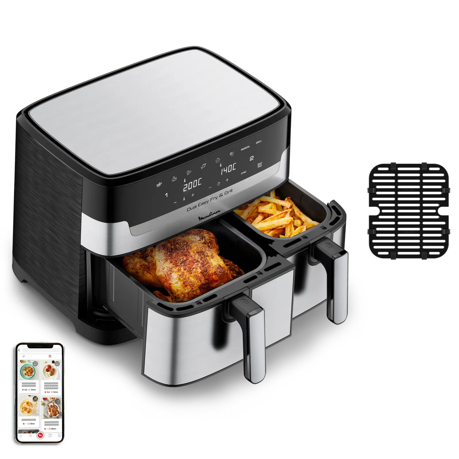 Air Fryer MOULINEX Dual Easy Fry & Grill 8.3L- 8 programmes Inox